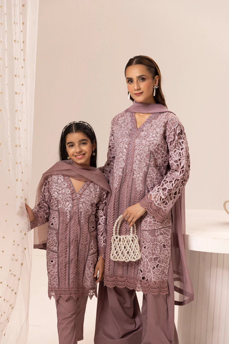 Maria B Inspired Girls Mauve Chikan Kari Mummy & Me Eid Outfit