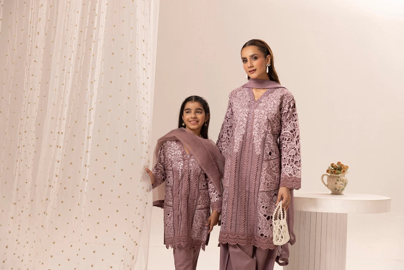 Maria B Inspired Girls Mauve Chikan Kari Mummy & Me Eid Outfit