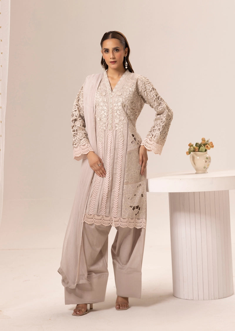 Maria B Inspired Ladies Farshi Salwar Beige Chikan Kari Mummy & Me Eid Outfit - Desi Posh