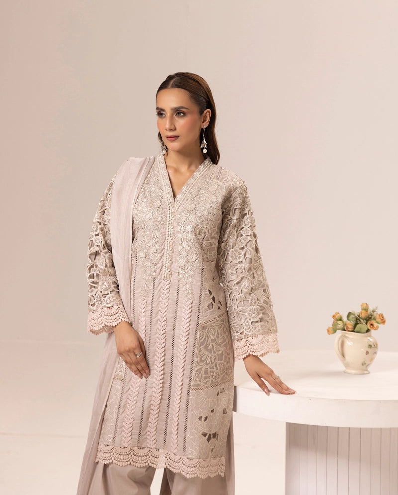 Maria B Inspired Ladies Farshi Salwar Beige Chikan Kari Mummy & Me Eid Outfit - Desi Posh