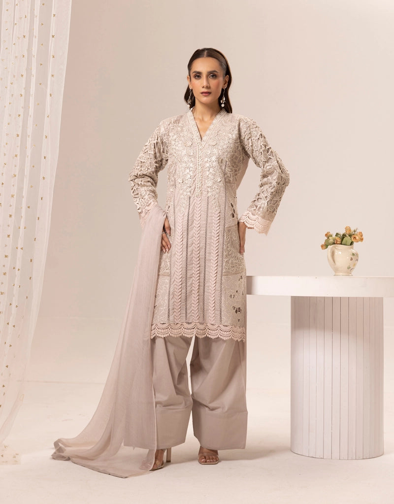 Maria B Inspired Ladies Farshi Salwar Beige Chikan Kari Mummy & Me Eid Outfit - Desi Posh