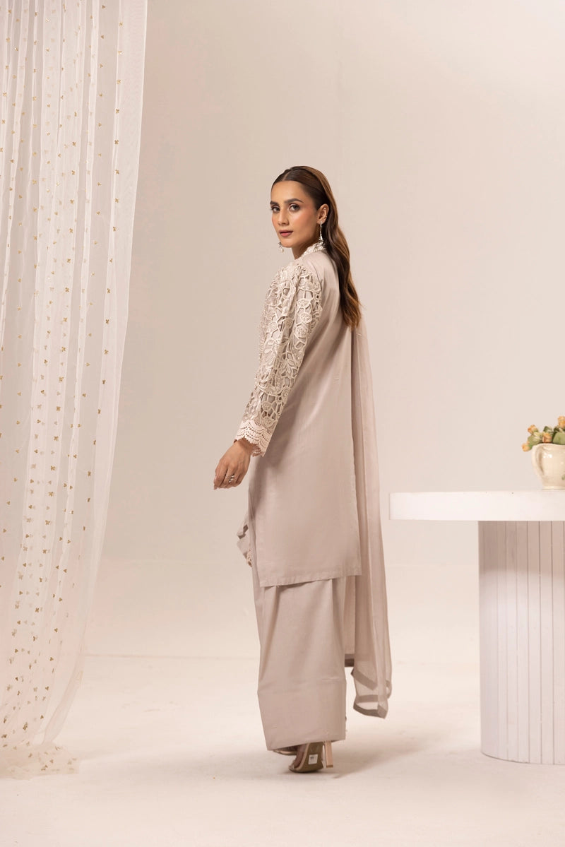 Maria B Inspired Ladies Farshi Salwar Beige Chikan Kari Mummy & Me Eid Outfit - Desi Posh