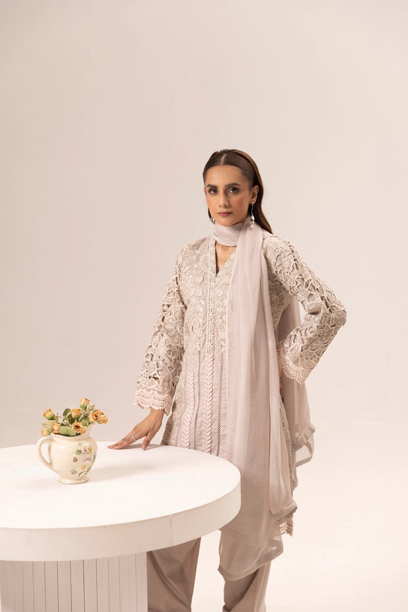 Maria B Inspired Ladies Farshi Salwar Beige Chikan Kari Mummy & Me Eid Outfit - Desi Posh