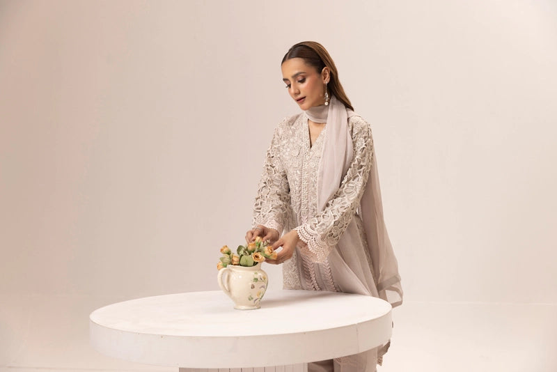Maria B Inspired Ladies Farshi Salwar Beige Chikan Kari Mummy & Me Eid Outfit - Desi Posh