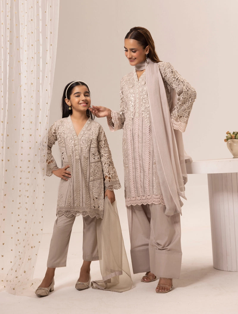 Maria B Inspired Ladies Farshi Salwar Beige Chikan Kari Mummy & Me Eid Outfit - Desi Posh