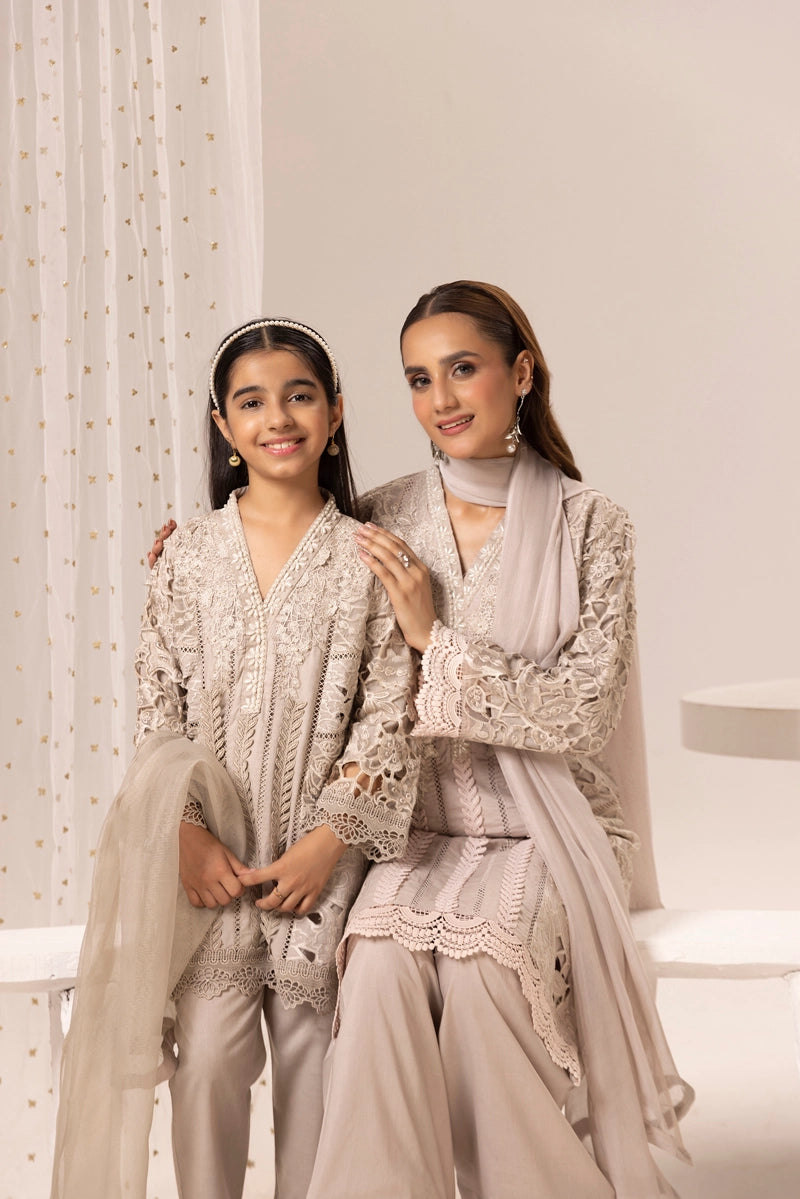 Maria B Inspired Girls Beige Chikan Kari Mummy & Me Eid Outfit