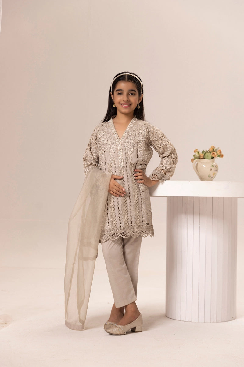 Maria B Inspired Girls Beige Chikan Kari Mummy & Me Eid Outfit