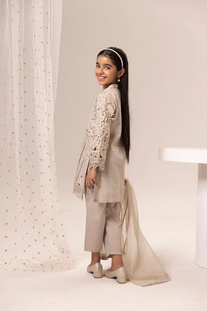 Maria B Inspired Girls Beige Chikan Kari Mummy & Me Eid Outfit