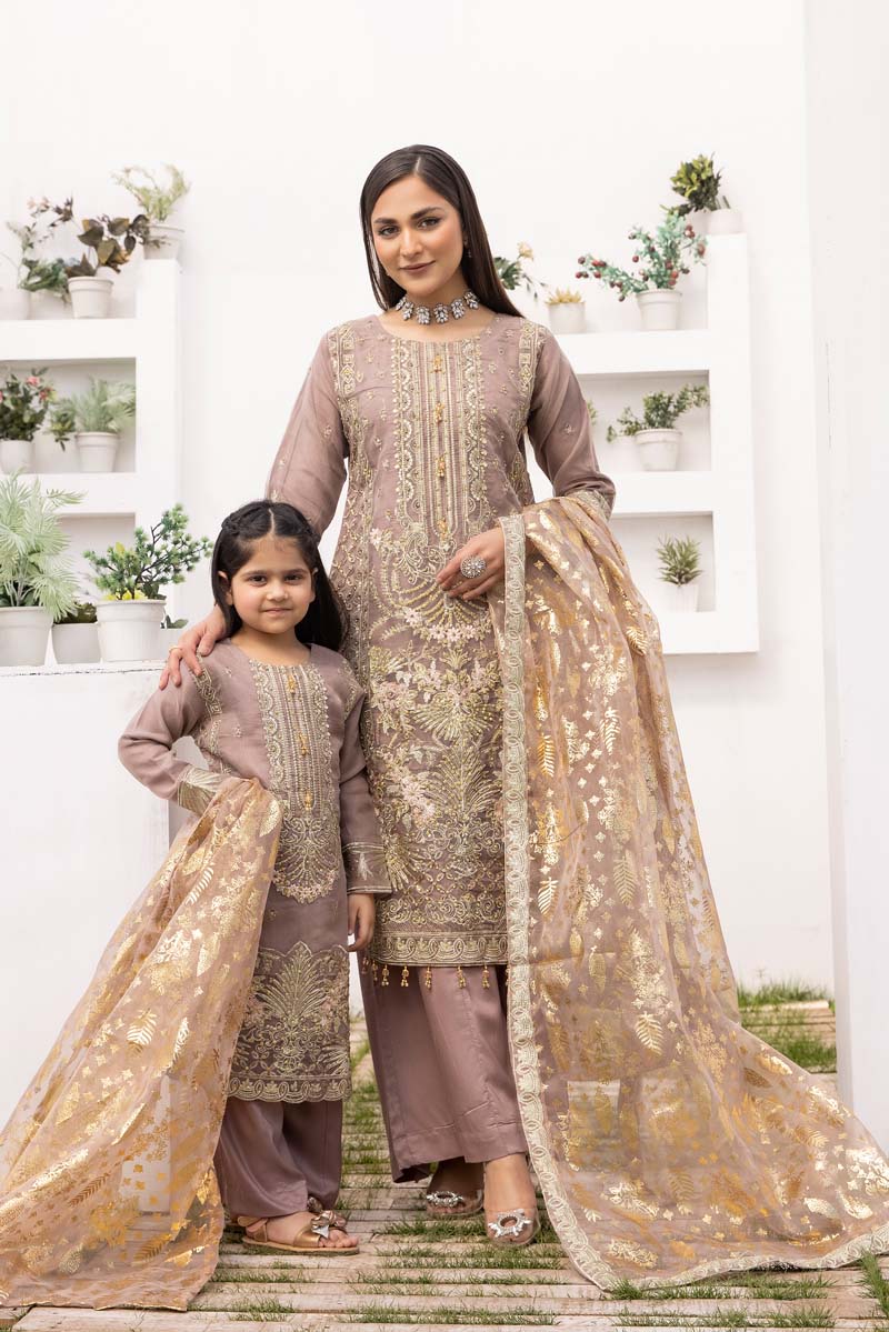 Simrans Organza Mummy & Me Kids Eid suit Deepest Mauve - Desi Posh