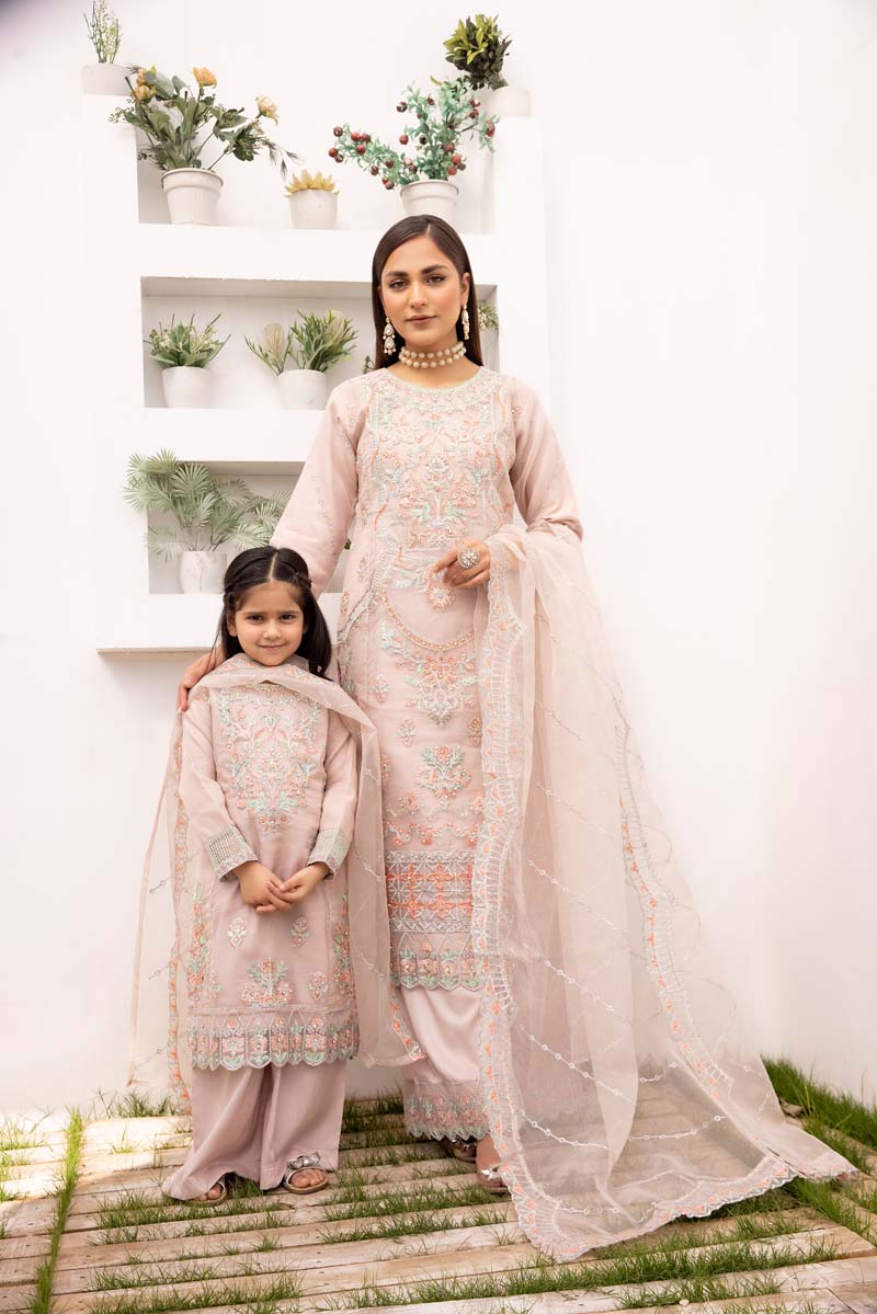 Simrans Organza Mummy & Me Ladies Eid suit Pastel Pink - Desi Posh