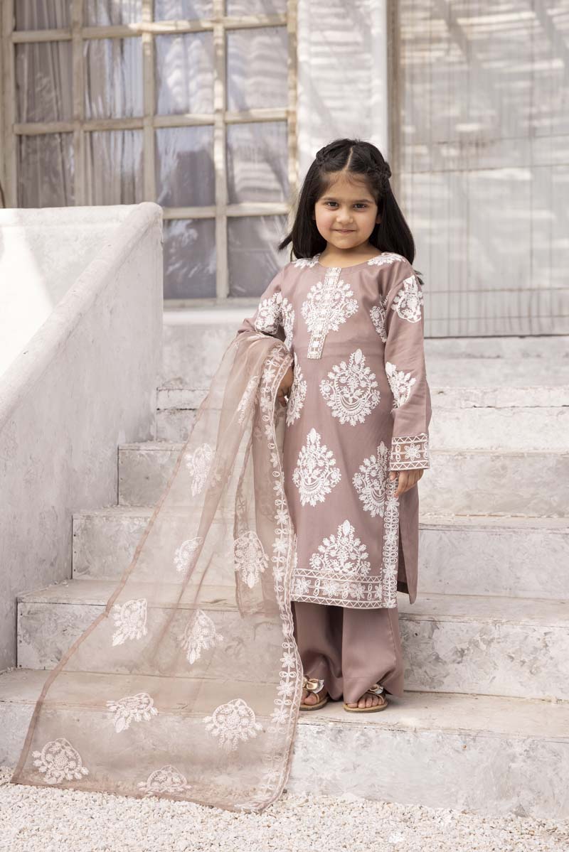 Marea Mocha Mummy & Me Girls 3 Piece Suit With Organza Dupatta - Desi Posh