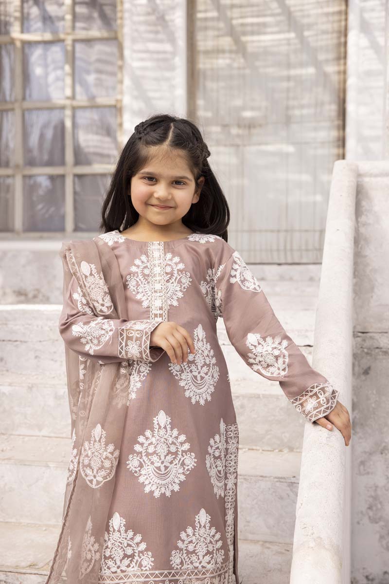 Marea Mocha Mummy & Me Girls 3 Piece Suit With Organza Dupatta - Desi Posh