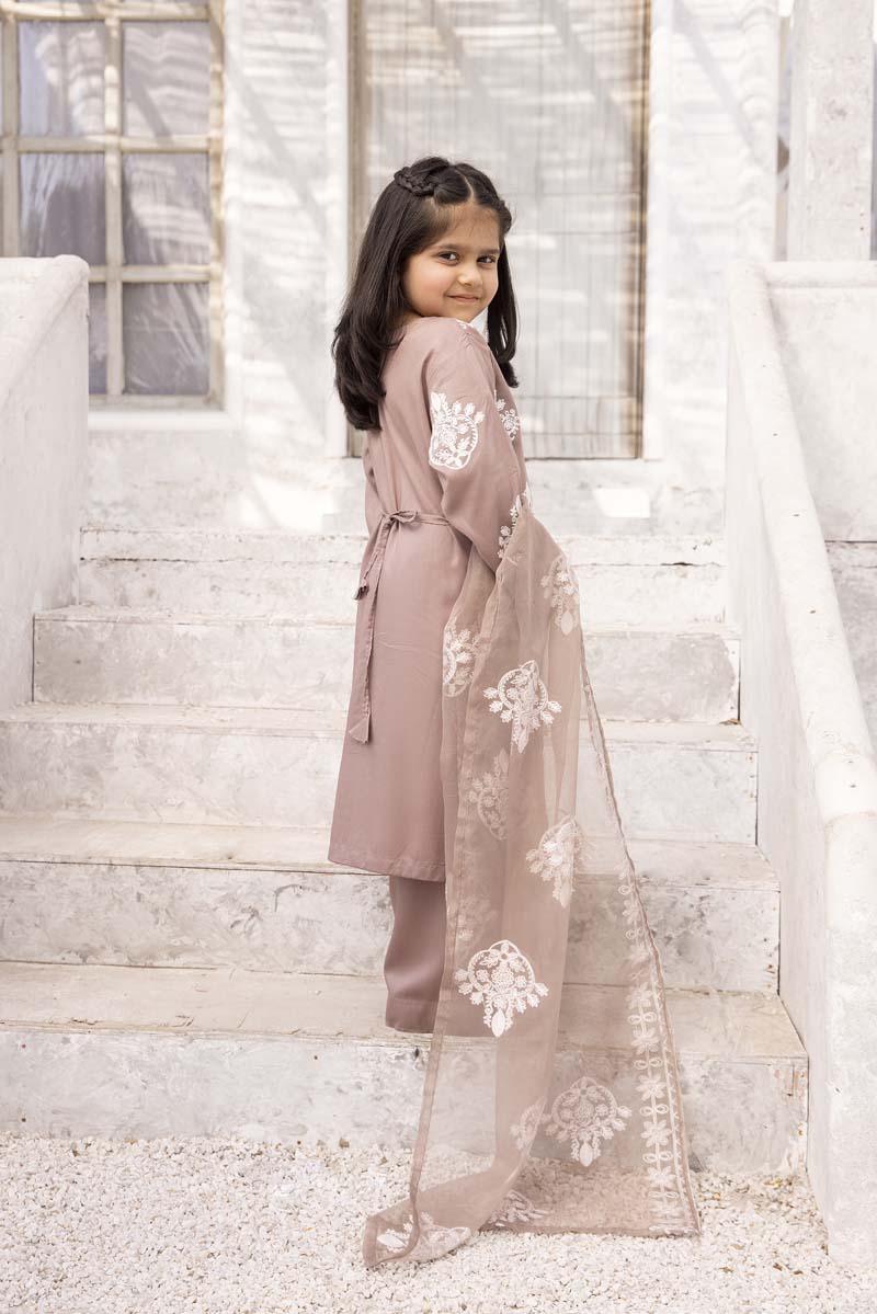 Marea Mocha Mummy & Me Girls 3 Piece Suit With Organza Dupatta - Desi Posh