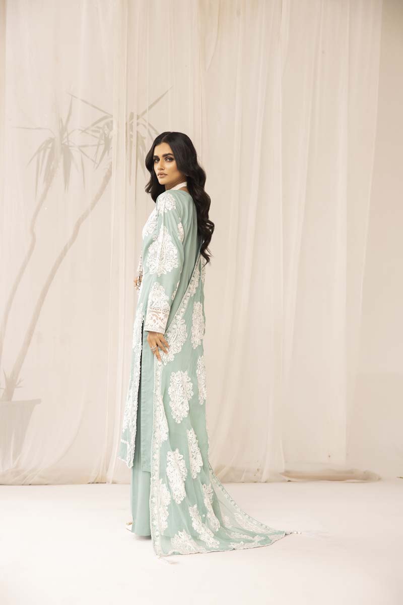 Jannat Mint Linen Embroidered 3 Piece Suit With Chiffon Dupatta - Desi Posh