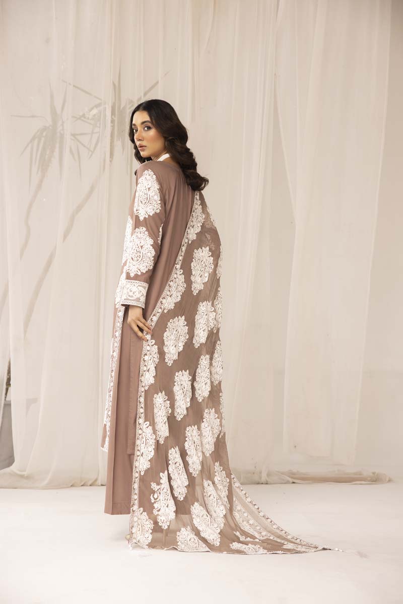 Jannat Mocha Linen Embroidered 3 Piece Suit With Chiffon Dupatta - Desi Posh