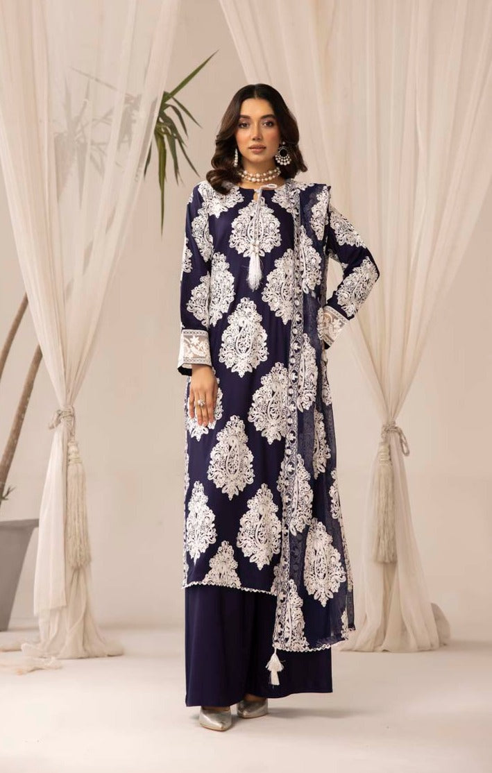Jannat Navy Linen Embroidered 3 Piece Suit With Chiffon Dupatta - Desi Posh