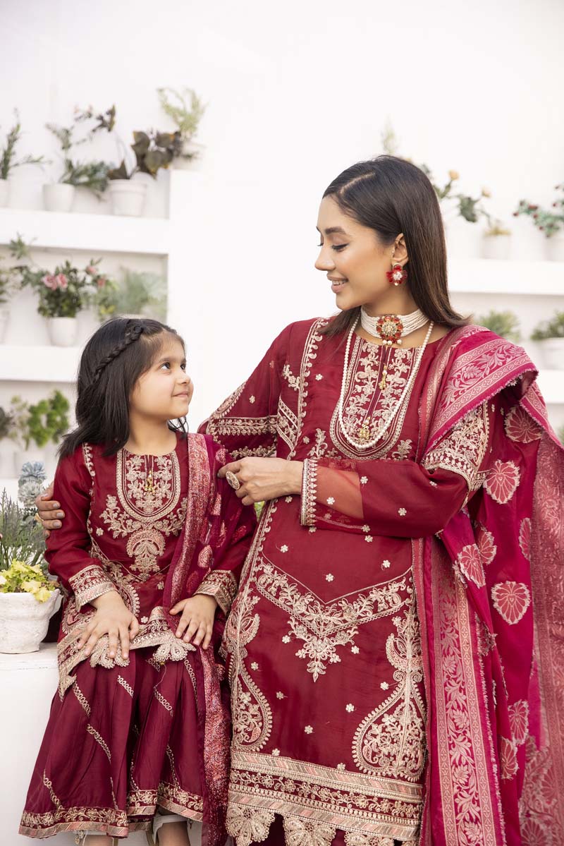 Simrans Organza Mummy & Me Ladies Eid Maroon Gharara Suit - Desi Posh