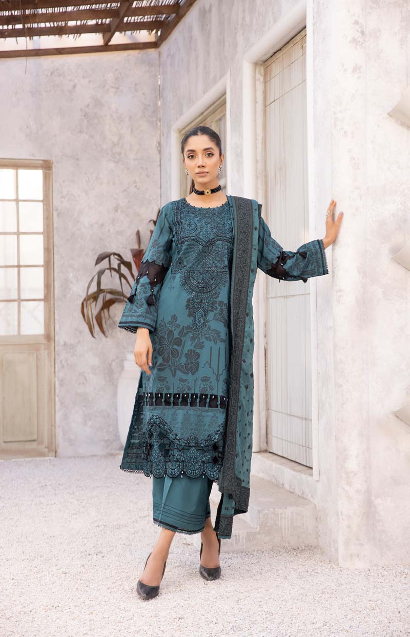 Elina Luxury Jacquard 3 Piece Bluey Green Wedding Outfit - Desi Posh