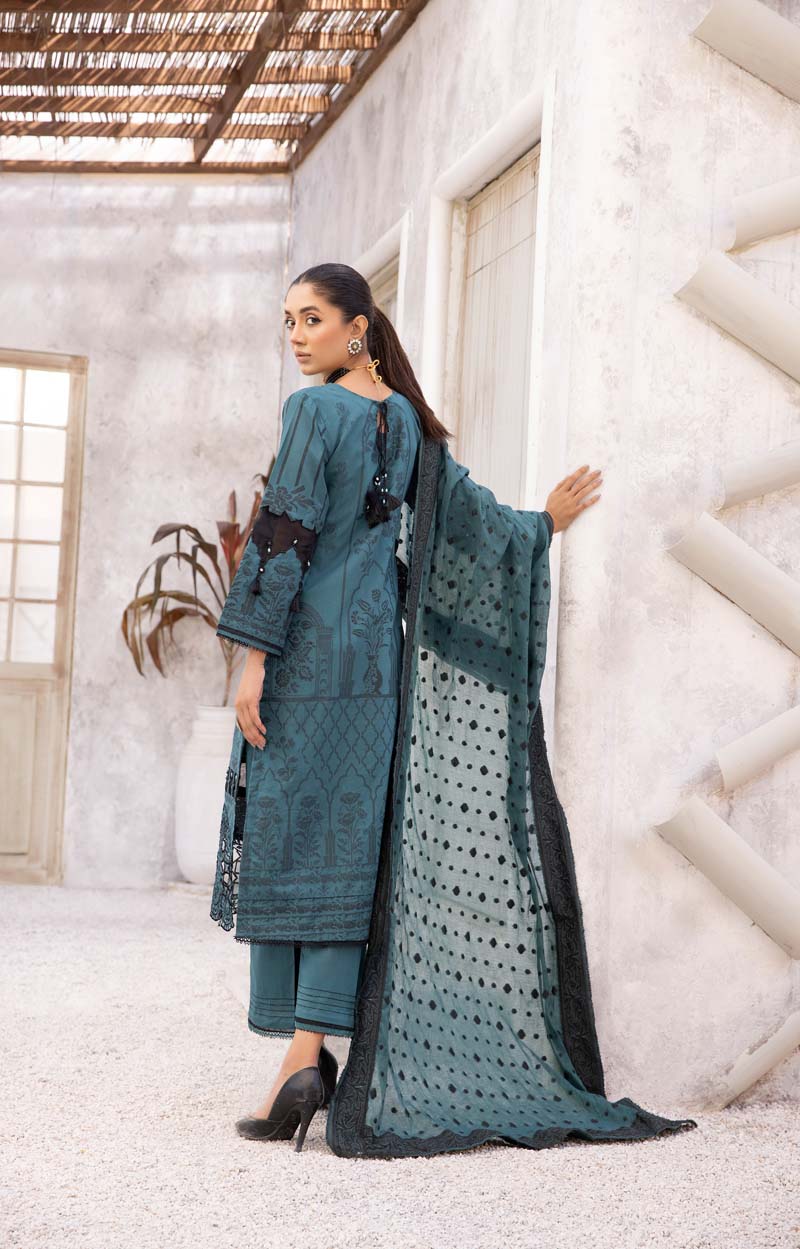 Elina Luxury Jacquard 3 Piece Bluey Green Wedding Outfit - Desi Posh