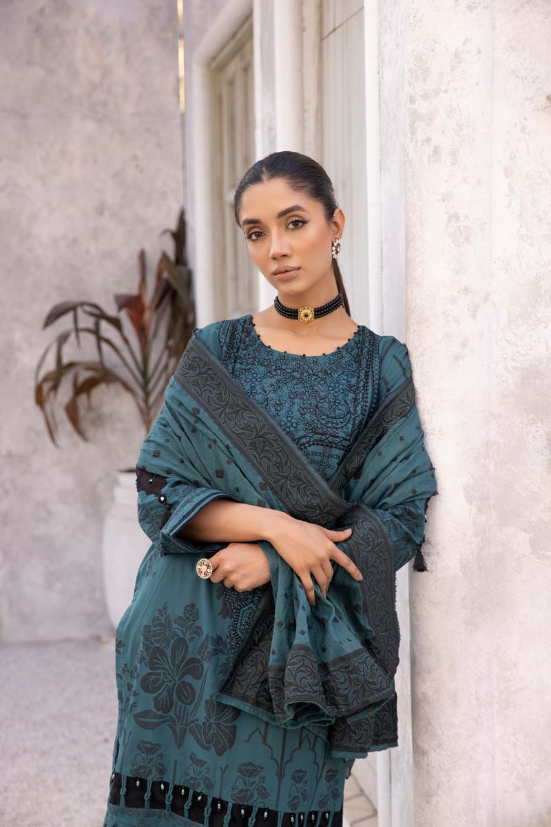 Elina Luxury Jacquard 3 Piece Bluey Green Wedding Outfit - Desi Posh