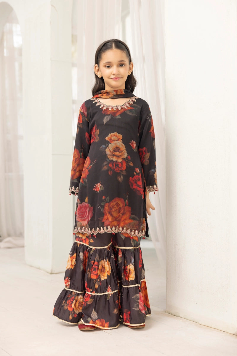 Baroque inspired Mummy & Me Girls Chiffon 3 Piece Gharara Wedding Outfit Black - Desi Posh
