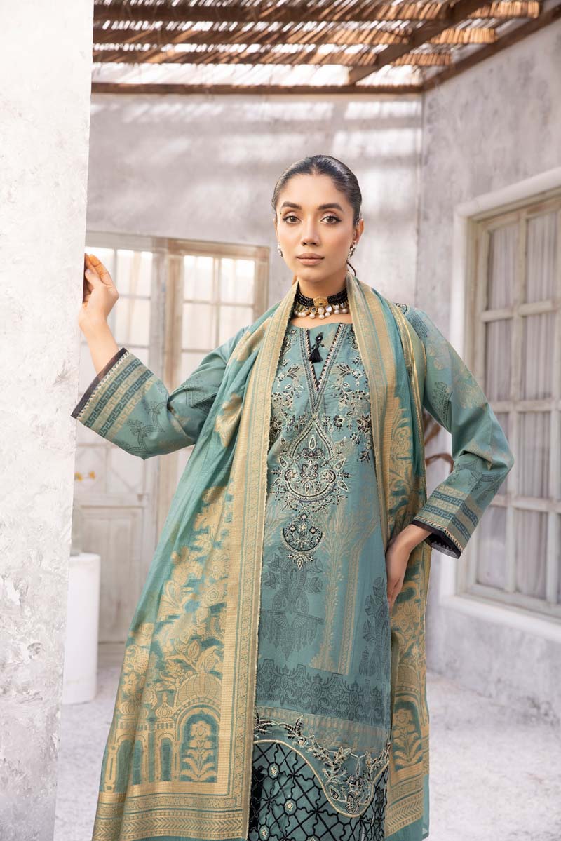 Elina Luxury Jacquard 3 Piece Green Wedding Outfit - Desi Posh