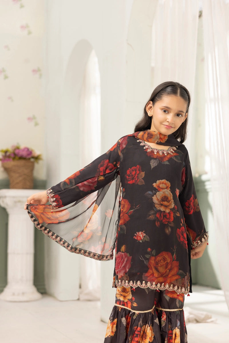 Baroque inspired Mummy & Me Girls Chiffon 3 Piece Gharara Wedding Outfit Black - Desi Posh