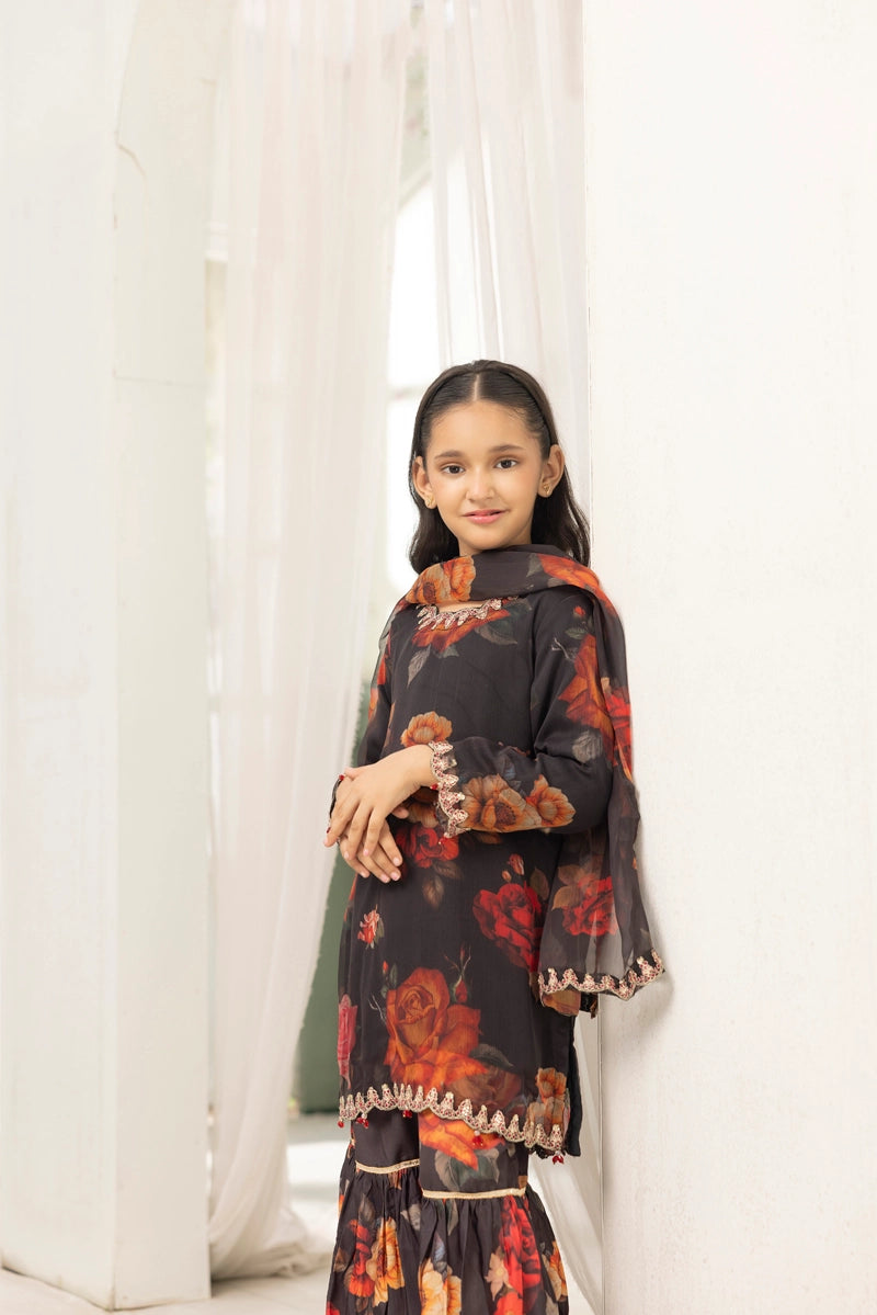 Baroque inspired Mummy & Me Girls Chiffon 3 Piece Gharara Wedding Outfit Black - Desi Posh