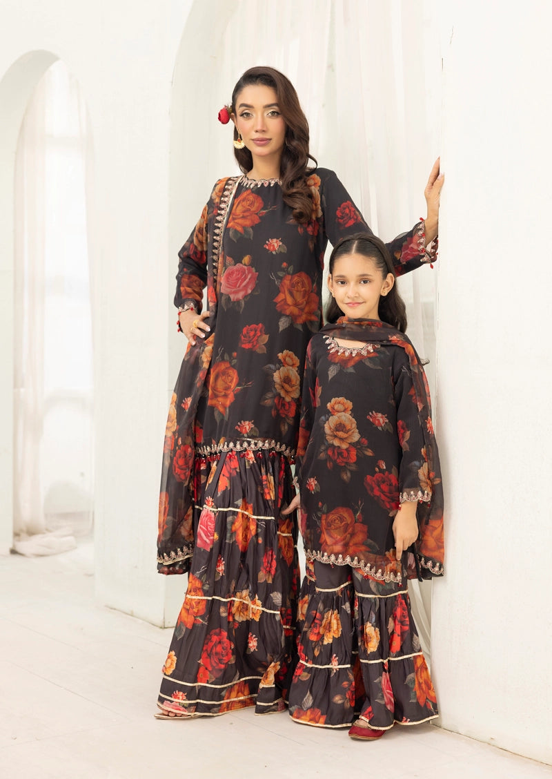 Baroque Inspired Mummy & Me Ladies Chiffon 3 Piece Gharara Wedding Outfit Black - Desi Posh