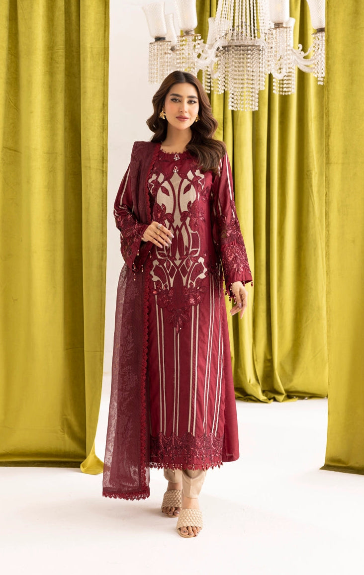 Maria B inspired Mummy & Me Ladies Maroon Embroidered Eid Outfit GDP243 - Desi Posh