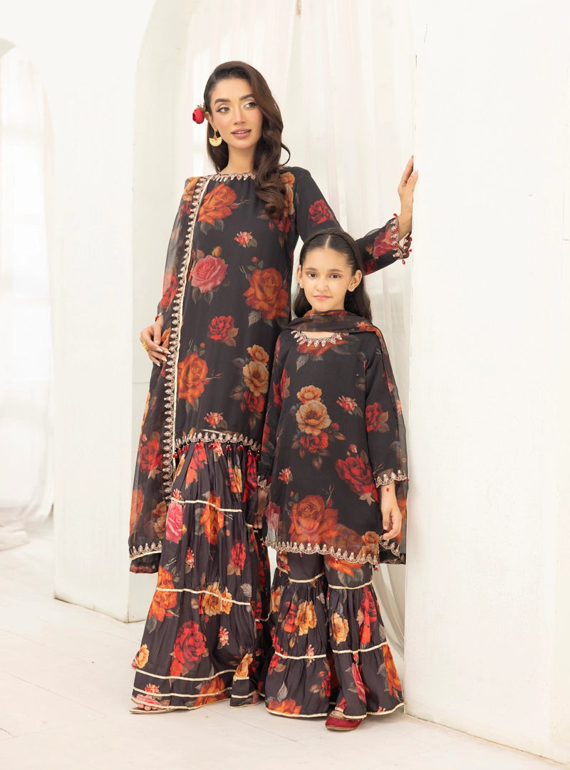 Baroque Inspired Mummy & Me Ladies Chiffon 3 Piece Gharara Wedding Outfit Black - Desi Posh