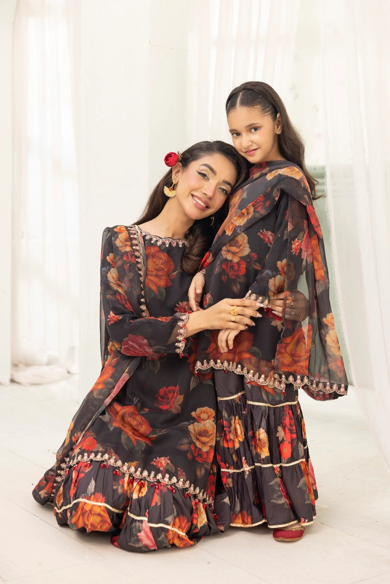 Baroque Inspired Mummy & Me Ladies Chiffon 3 Piece Gharara Wedding Outfit Black - Desi Posh