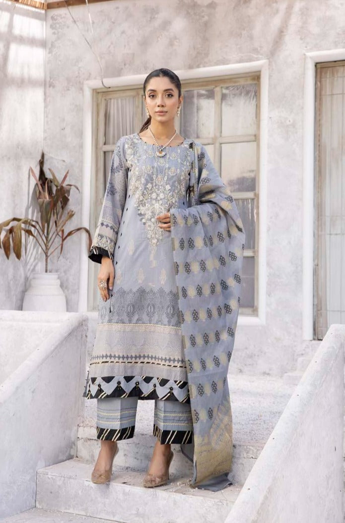 Elina Luxury Jacquard 3 Piece Grey Wedding Outfit - Desi Posh
