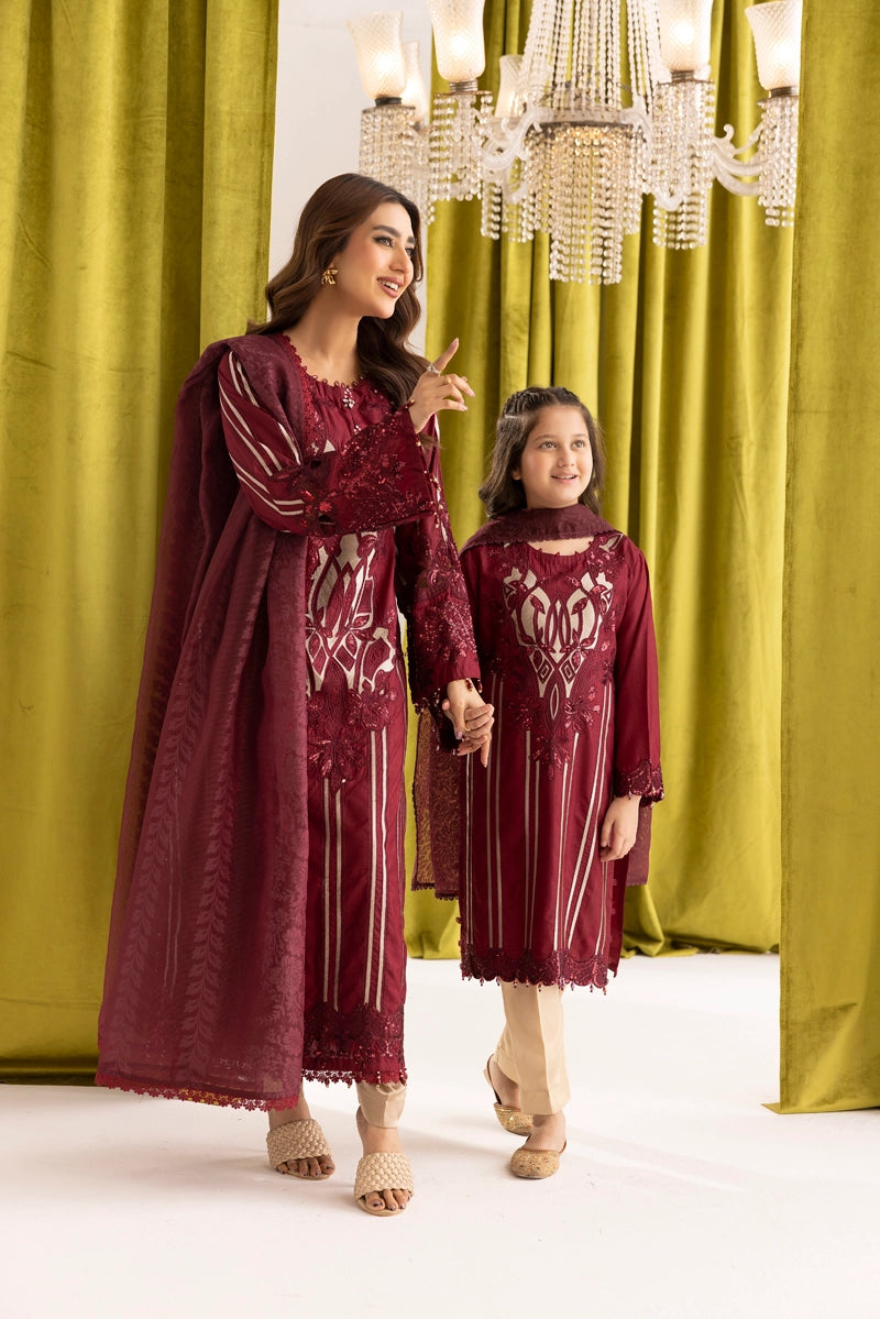 Maria B inspired Mummy & Me Ladies Maroon Embroidered Eid Outfit GDP243 - Desi Posh