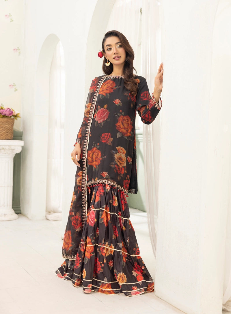 Woman wearing a floral dress with a white background