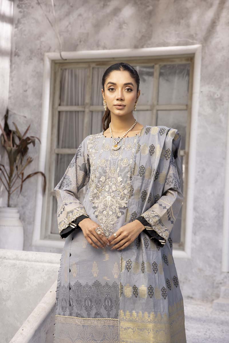 Elina Luxury Jacquard 3 Piece Grey Wedding Outfit - Desi Posh