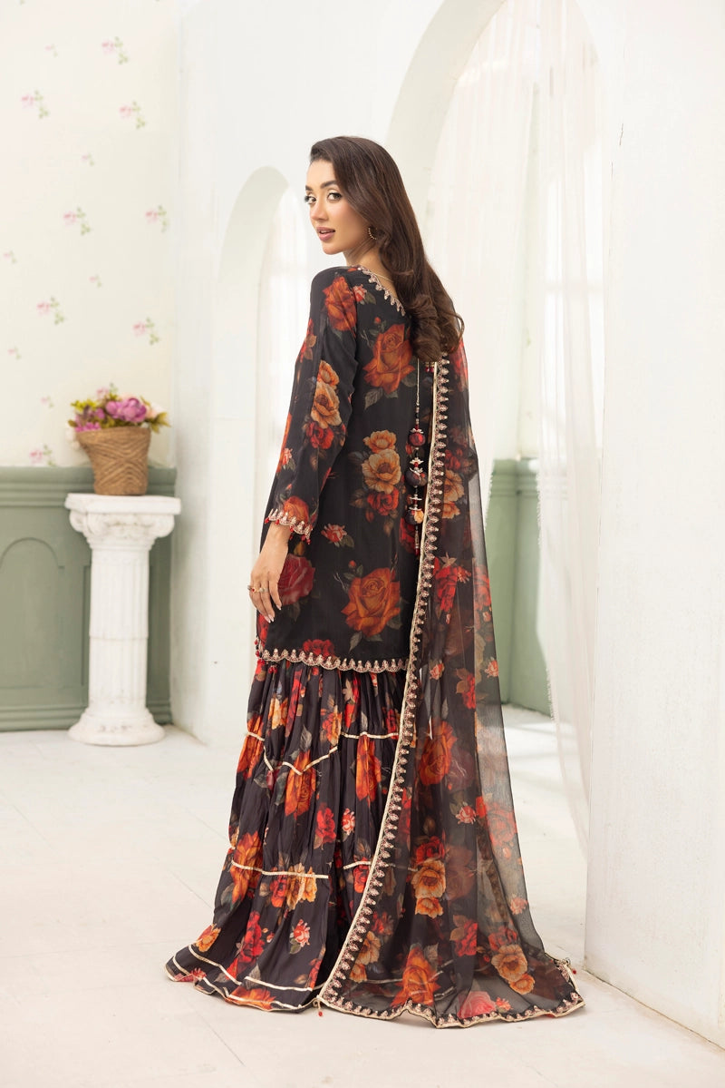 Baroque Inspired Mummy & Me Ladies Chiffon 3 Piece Gharara Wedding Outfit Black - Desi Posh