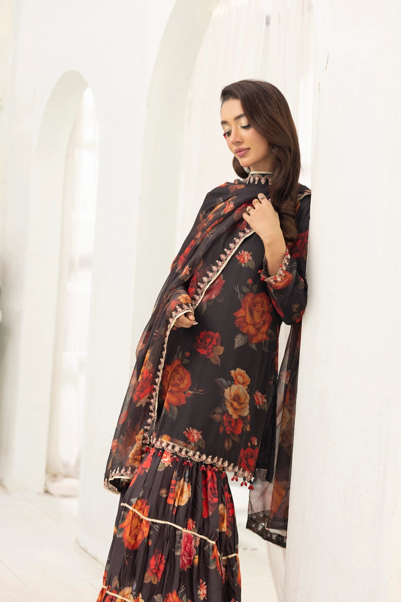Baroque Inspired Mummy & Me Ladies Chiffon 3 Piece Gharara Wedding Outfit Black - Desi Posh