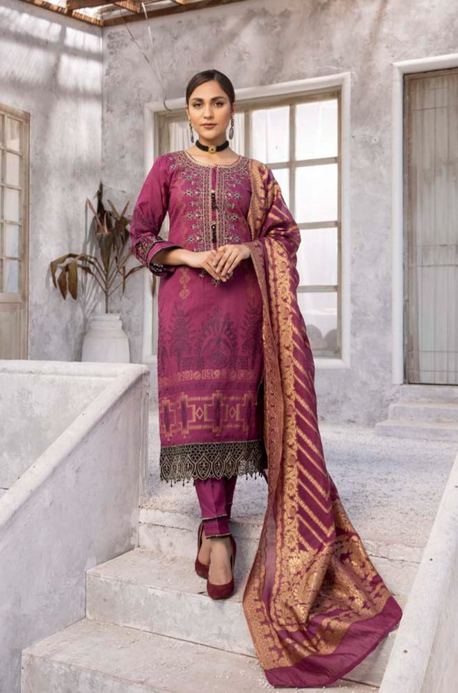 Elina Luxury Jacquard 3 Piece Deep Ruby Wedding Outfit - Desi Posh