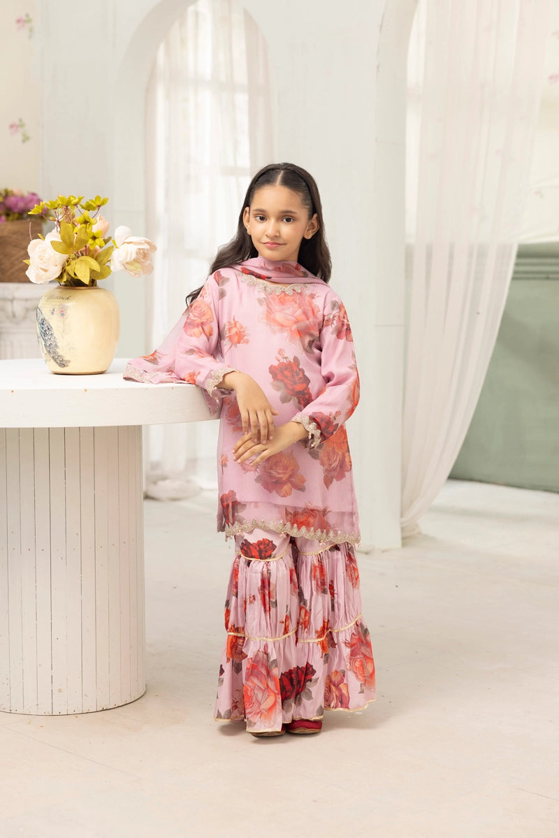 Baroque inspired Mummy & Me Girls Chiffon 3 Piece Gharara Wedding Outfit Pink - Desi Posh