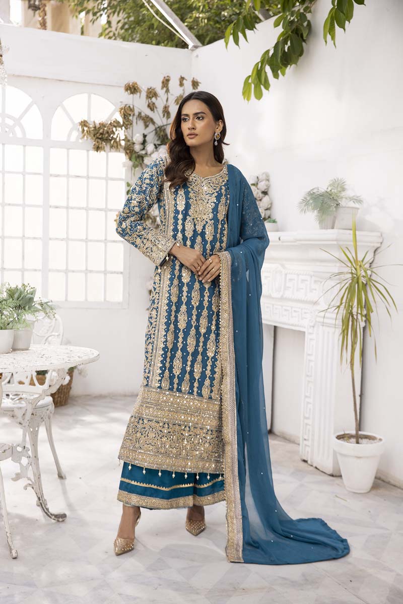 Haris Shakeel Inspired Fully Embroidered Teal 3 Piece Palazzo Outfit - Desi Posh