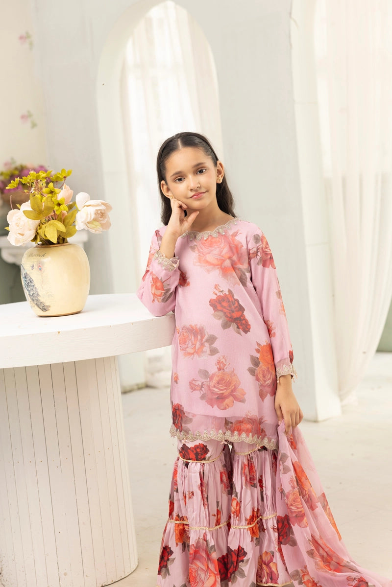 Baroque inspired Mummy & Me Girls Chiffon 3 Piece Gharara Wedding Outfit Pink - Desi Posh