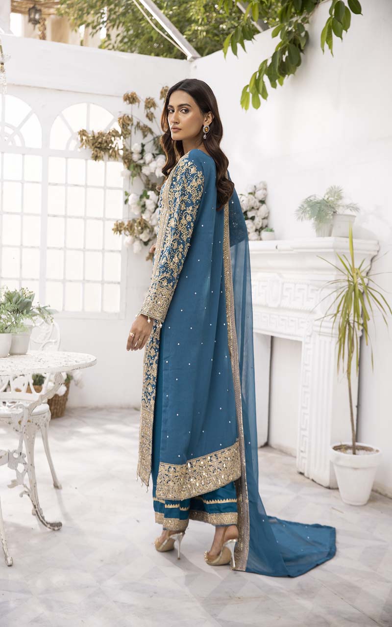 Haris Shakeel Inspired Fully Embroidered Teal 3 Piece Palazzo Outfit - Desi Posh