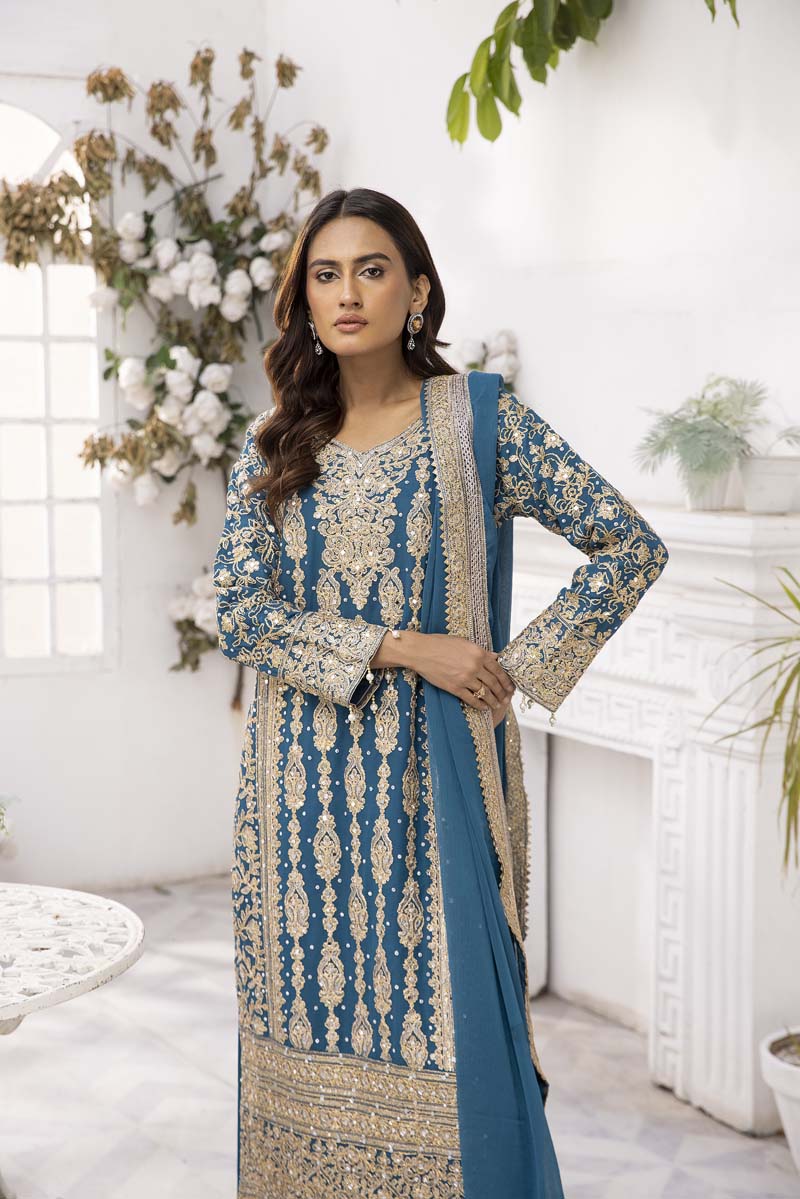Haris Shakeel Inspired Fully Embroidered Teal 3 Piece Palazzo Outfit - Desi Posh