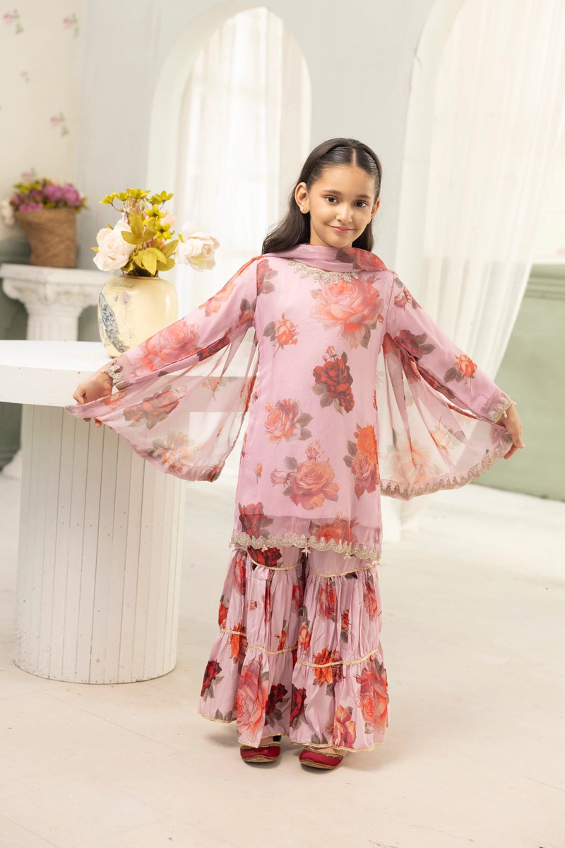 Baroque inspired Mummy & Me Girls Chiffon 3 Piece Gharara Wedding Outfit Pink - Desi Posh