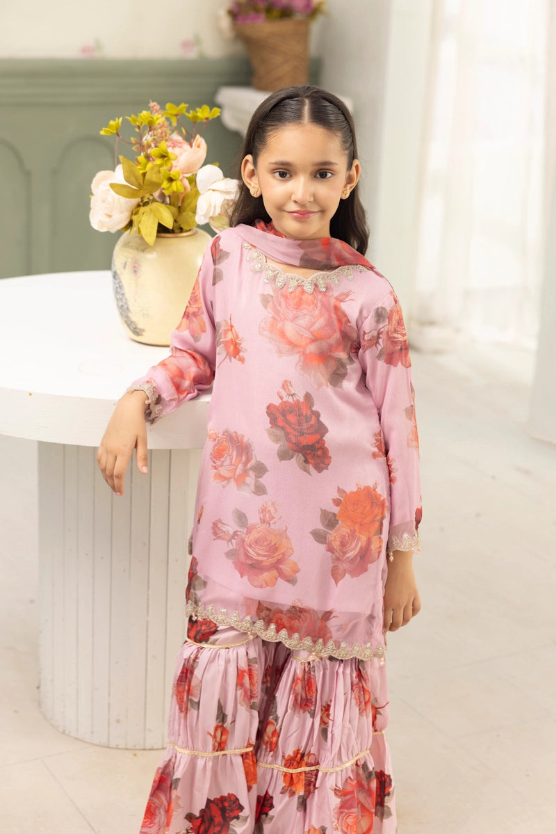 Baroque inspired Mummy & Me Girls Chiffon 3 Piece Gharara Wedding Outfit Pink - Desi Posh
