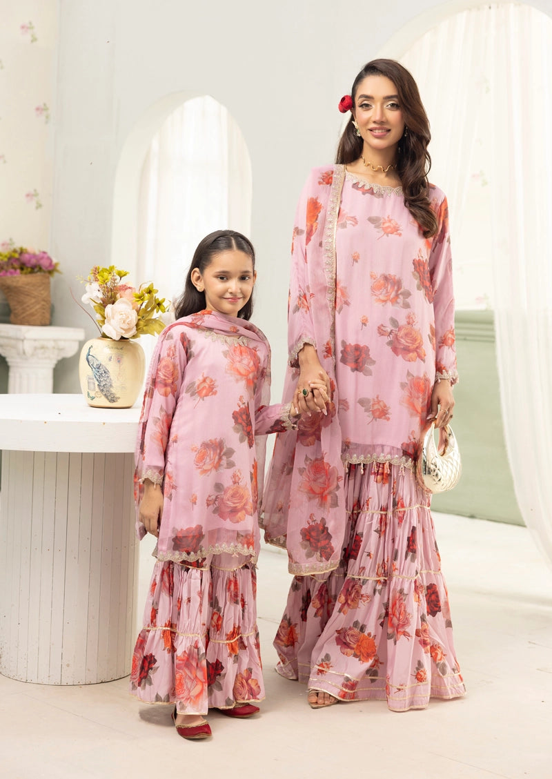 Baroque inspired Mummy & Me Girls Chiffon 3 Piece Gharara Wedding Outfit Pink - Desi Posh