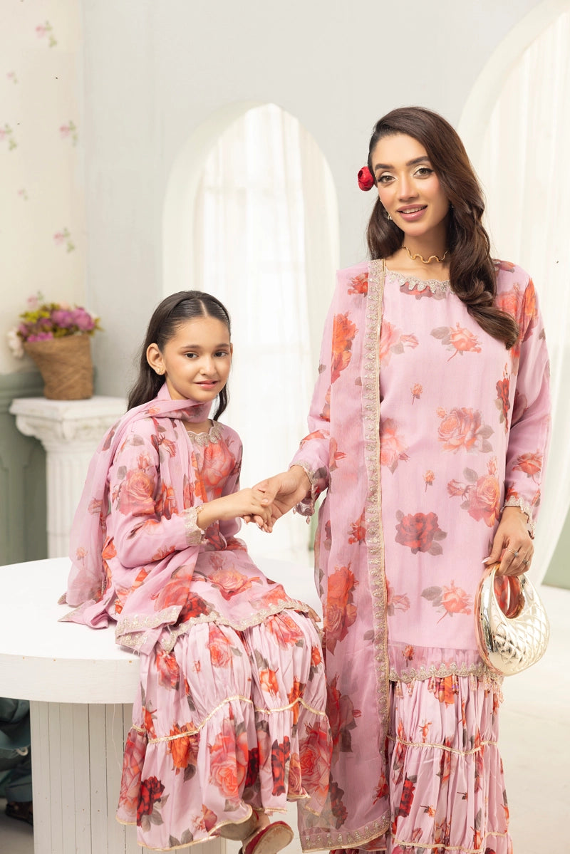 Baroque inspired Mummy & Me Girls Chiffon 3 Piece Gharara Wedding Outfit Pink - Desi Posh