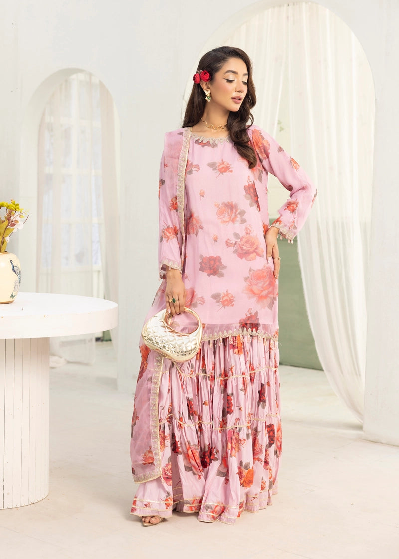 Baroque Inspired Mummy & Me Ladies Chiffon 3 Piece Gharara Wedding Outfit Pink - Desi Posh