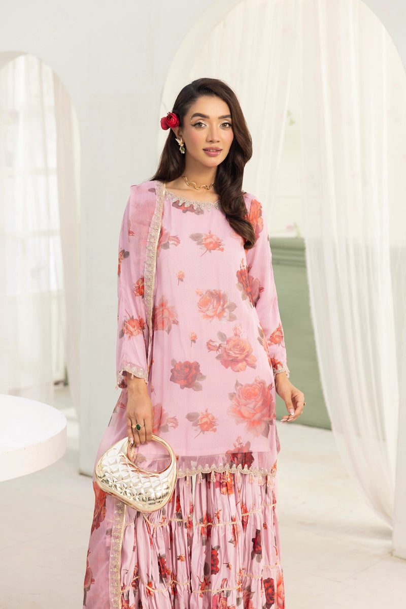 Baroque Inspired Mummy & Me Ladies Chiffon 3 Piece Gharara Wedding Outfit Pink - Desi Posh